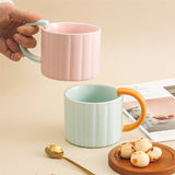 Gaeaspace  -  Korean Style Ins Macaron Color Mug Simple Niche Design Vertical Pattern Ceramic Cup with Handle Coffee Cup Spoon suit