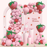 Gaeaspace  -  Strawberry Theme Party Green Pink Red Numbers Foil Balloon Garland Arch Kit Kids Birthday Girl Wedding Baby Baptism Decoration