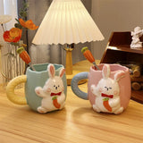 Gaeaspace  -  Korean Style Cute Rabbit Ceramic Mug Cartoon Hand-painted Embossed Coffee Cup Household Milk Cup with Handle Spoon suit