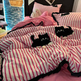 Gaeaspace  -  milk green Strip Cat Embroidery, Washing Cotton Four PIECE Set, cute cardboard bedding, Three PIECE set for Student dormitories