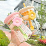 Gaeaspace  -  Kawaii Flower Glass Cup Aesthetic With Lid Straw Infuser Glass Bottle Tumbler For Water Tea Juice Vintage Drinking Bottle 600ml