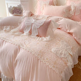 Gaeaspace  -  French Romantic Lace Patchwork Ruffles With Bow Decoration Bedding Set Soft Cozy Pink Girls Duvet Cover Set Bed Sheet Pillowcase