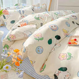 Gaeaspace  -  Kawaii Washed Cotton Bedding Set For Kids Girls Cute Print Duvet Cover Single Full Queen Size Flat Bed Sheets And Pillowcases