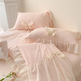 Gaeasapce  -  Pink Romantic French Wedding Lace Ruffles Bow Summer quilt Soft Cozy Comforter Bed Sheet Pillowcases Korean Princess Bedding Set