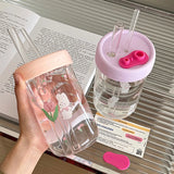 Gaeaspace  -  600ml Kawaii Glass Bottle For Water Coffee Drinks BPA Free Clear Milk Juice Bubble Tea Glass Cup With Lid And Straw  Girl  Gift