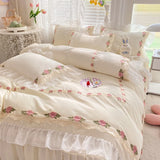 Gaeaspace   -  Korean Style Brushed Floral Chiffon Ruffles Girls Bed Skirt Single Queen Bedding Set Duvet Cover Set Bed Sheet Set Pillowcases