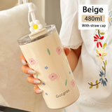 Gaeaspace  -  316 Stainless Steel Thermos Bottle For Girls Double Layer Thermal Coffee Cup With Straw Cherry Blossom Drinking Cup Travel Mugs