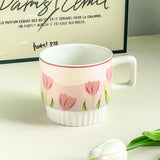 Gaeaspace  -  Tulip Flower Coffee Cup with Handle Ins Style Creative Couple for Girls Gift Cute Ceramic Mug Oatmea Breakfast Milk Wate Cup