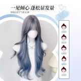 Gaeaspace  -  Wig for Women Long Curly Hair Big Wave Haze Blue Wigs with Bangs Natural Simulation Fluffy Lolita Wig for Cospay Daily Use