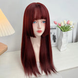 Gaeaspace  -  Red Wig with Bangs Long Straight Dark Red Wig for Women Sweet Princess Lolita Cosplay for Daily Use Synthetic Wigs