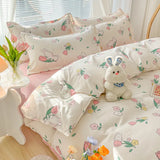 Gaeaspace  -  Kawaii Washed Cotton Bedding Set For Kids Girls Cute Print Duvet Cover Single Full Queen Size Flat Bed Sheets And Pillowcases