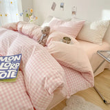 Gaeaspace  -  INS Plaid Bedding Set Pink Green Bed Linens Nordic Duvet Cover Pillowcase Queen Size Flat Sheet Adults Kids Bedclothes