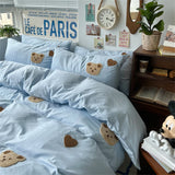 Gaeaspace  -  Solid Blue Bear Bedding Set Duvet Cover Queen Full Twin Size Bed Flat Sheet Kids Girls Room Decor Quilt Cover Pillowcase Kawaii