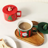 Gaeaspace  -  338ml Red Coffee Cup with Spoon Christmas Deer Decoration Mug with Lid Cartoon Ceramic Breakfast Mug Afternoon Camellia Tea Cup