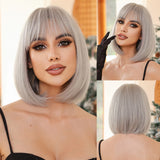 Gaeaspace  -  Short Hair Wig Bob Haircut Wave Head Fashion Natural Air Bang Fashion Full Head Set Synthetic Fiber Hair  bangs wig