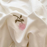 Gaeaspace  -  Rose Flowers Embroidery Ruffle Lace Bedding Set for Girls, Washed Cotton Duvet Cover, Skin Friendly, Bed Sheet, Pillowcases