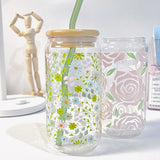 Gaeaspace  -  Cute Flower Glass Cups Tumber With Bamboo Lid And Straw 500ml Can Shaped Glass Cups Iced Hot Coffee Tea Juice Glasses Gift