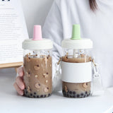 Gaeaspace  -  Kawaii Cat Bubble Tea Glass Water Bottle With Straw PU Sleeve Cute Boba Coffee Milk Cups Portable Girl Drinking Bottle BPA Free