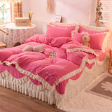 Gaeaspace  -  Korean Princess Style Bedding Set Soft Thickened Duvet Cover Bed Sheet Skirt and Pillowcases Cute Bow Girls Pink Comfort Cover