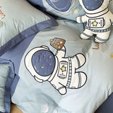 Gaeasapce  -  Blue Cute Cartoon Astronaut Embroidery 100% Cotton Boys Bedding Set Single Duvet Cover Set Bed Sheet Pillowcases Gifts For Child