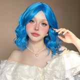 Gaeaspace  -  12 Inch Ladies Girls Highlight Short Curly Wig 220g Synthetic Halloween Dress Up Wig Elf Blue Figure Eight Wig Cosplay Party Wig