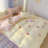 Gaeaspace  -  Cartoon Embroidery Four Piece Set Bed Quilt Cover Bedding Set for Bedroom Washed Cotton Pillowcase Bedspread Duvet Cover Sets