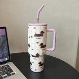 Gaeaspace  -  1200ml Kawaii Puppy Thermos Mug Tumbler For Ice Coffee Water Tea Large Cute Stainless Steel Car Thermal Cups With Straw Handle