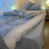 Gaeaspace  -  INS Princess Style Blue Lace Quilt Cover Girl Heart Solid Color Bed Skirt Duvet Cover Sheets Pillowcase 3/4 PCS Queen King Size