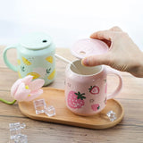 Gaeaspace  -  1pc 400ml Cute Fruits Mugs Creative Can Cartoon Ceramic Mug With Straw Lid Milk Tea Mug Office Home Travel Coffee Water Cup