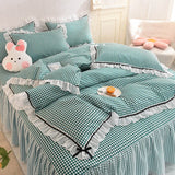 Gaeaspace  -  Korean Girl Heart Solid Color Bedding Set Cute Princess Style Cotton Bed Skirt Full Queen Size Flat Sheet Quilt Cover Pillowcase