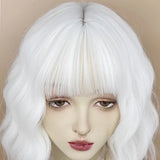 Gaeaspace  -  Synthetic Short Women White Wavy Curly Wig with Bangs Lolita Cosplay Natural Fluffy Hair Wig for Daily Party