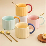 Gaeaspace  -  Korean Style Ins Macaron Color Mug Simple Niche Design Vertical Pattern Ceramic Cup with Handle Coffee Cup Spoon suit