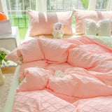 Gaeaspace  -  Cute Korean Adults Bedding Sets Aesthetic King Queen Twin Size Ins Solid Color Double Bed Sheets Ruffled Duvet Quilt Cover Set