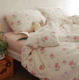 Gaeaspace  -  Romantic sweet pink flower bedding set 1.5 1.8 2.0,full queen king knit cotton home textile bed sheet pillow case quilt cover