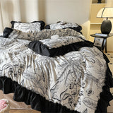 Gaeaspace  -  Washed Cotton Bedding Sets With Lace Black Printed Four Piece Set Bedroom Decor Duvet Cover Pillowcase Bedspread Bed Cover Sets