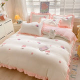 Gaeaspace  -  Kawaii Princess Bedding Set with White Ruffles Korean Style Girls Single Full Duvet Cover No Filling Flat Sheet Pillowcases Kit