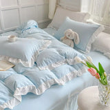 Gaeaspace  -  Korean Princess Style Duvet Cover Set No Filling Pink Blue Soft Washed Cotton Girls Favorite Ruffles Bed Linen Pillowcases