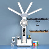 Gaeaspace  -  3in1 Multifunction Table Lamp LED Four-headed Folding With Fan Calendar Clock USB Rechargeable Desk light 3 color Reading Lamp