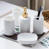 Gaeaspace  -  White Ceramic Bathroom Five-piece Set of Simple Relief Pattern Toothbrush Cup Emulsion Bottle Soap Dish Bathroom Accessories New