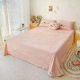 Gaeaspace  -  Pink Cute Cartoon Rabbit Applique Embroidery Bedding Set Velvet Fleece Duvet Cover Bed Sheet Fitted Sheet Bed Skirt Pillowcases