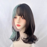 Gaeaspace  -   Short Wavy Ombre Brown Pink Mixed Wig with Bangs Synthetic Lolita Cosplay Natural Women Fluffy Hair Wig for Daily Party