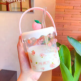 Gaeaspace  -  Kawaii Strawberry Peach Glass Cup For Coffee Water Juice Milk Tea Creative Fruit Portable Glass Cups With Lid Straw Scale Handle