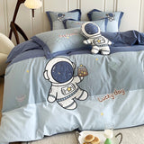 Gaeasapce  -  Blue Cute Cartoon Astronaut Embroidery 100% Cotton Boys Bedding Set Single Duvet Cover Set Bed Sheet Pillowcases Gifts For Child