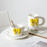 Gaeaspace  -  Bow Ceramic Coffee Cup Dish Set Exquisite Girls Afternoon Tea Coffee Latte Latte Cup Home Breakfast Milk Drink Mug Birthday Gift