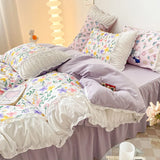 Gaeaspace  -  INS Princess Style Flower Bedding Set Duvet Cover With Ruffle Lace Bed Sheet Pillowcases Kawaii Girl Woman Bedroom Home Textiles