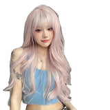 Gaeaspace  -  Long Wave Pink Wig with Bangs Nature wavy Lolita Synthetic Wigs for Women Cosplay 앞머리 가발