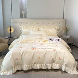 Gaeaspace  -  Flower Embroidery Lace Ruffles Bedding Set Skin-friendly Washed Cotton Princess Style Wedding Duvet Cover Bed Sheet Pillowcases