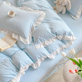 Gaeaspace  -  Korean Princess Style Duvet Cover Set No Filling Pink Blue Soft Washed Cotton Girls Favorite Ruffles Bed Linen Pillowcases