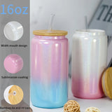 Gaeaspace  -  1pc 16oz Glass Tumbler Glitter Glass Jar Shimmer Beer Mug Can Shaped Drinking Glass With Bamboo Lid And Reusable Straw DIY Gifts