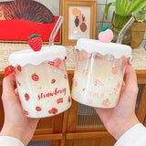 Gaeaspace  -  Kawaii Strawberry Peach Glass Cup For Coffee Water Juice Milk Tea Creative Fruit Portable Glass Cups With Lid Straw Scale Handle